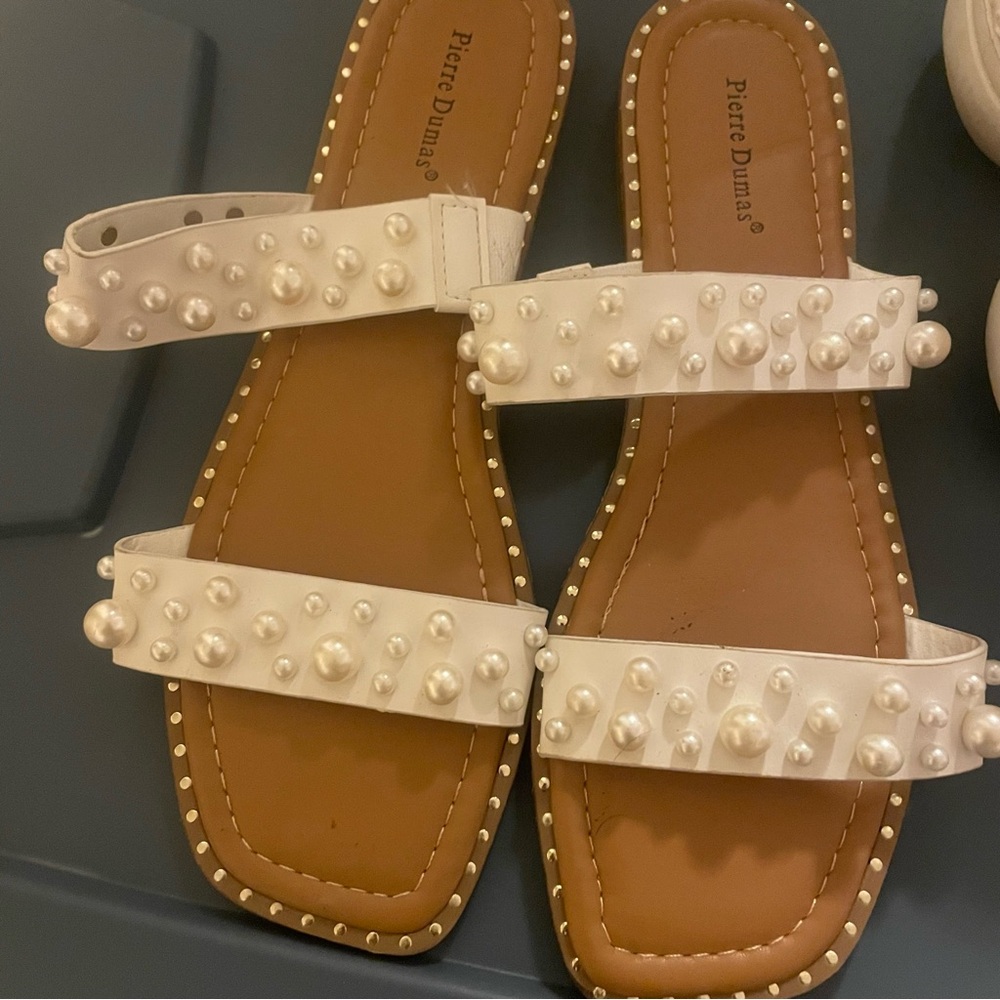 Pierre Dumas White Pearl Embellished Sandals